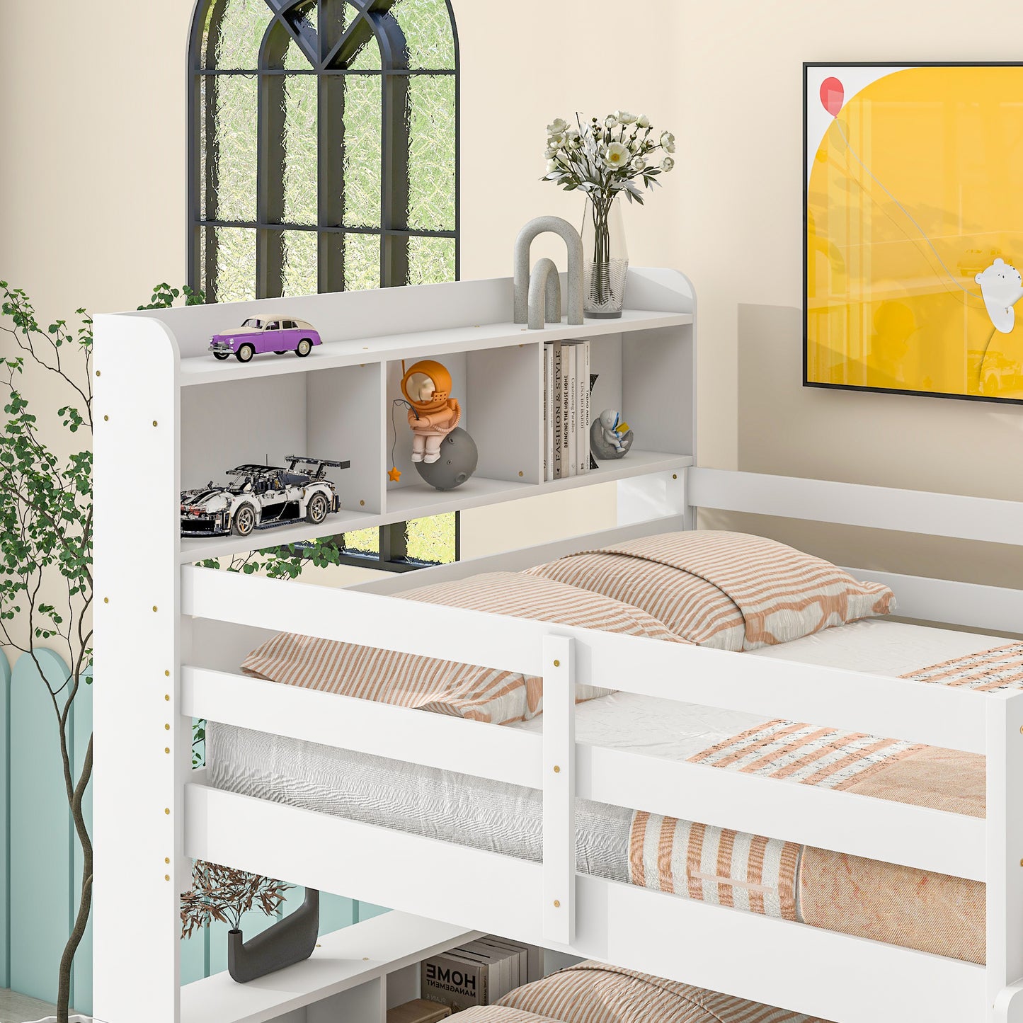 Full Over Full Bunk Beds with Bookcase Headboard, Solid Wood Bed Frame with Safety Rail and Ladder, Kids/Teens Bedroom, Guest Room Furniture, Can Be converted into 2 Beds, White