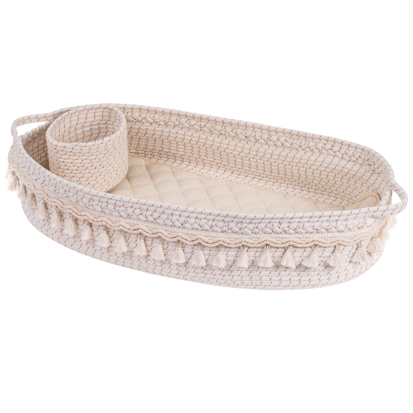 Baby Changing Basket, Handmade Woven Cotton Rope Moses Basket, Changing Table Topper with Mattress Pad(White&Brown)