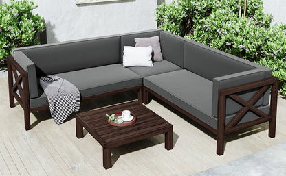 TOPMAX Outdoor Wood Patio Backyard 4-Piece Sectional Seating Group with Cushions and Table X-Back Sofa Set for Small Places, Brown Finish+Gray Cushions