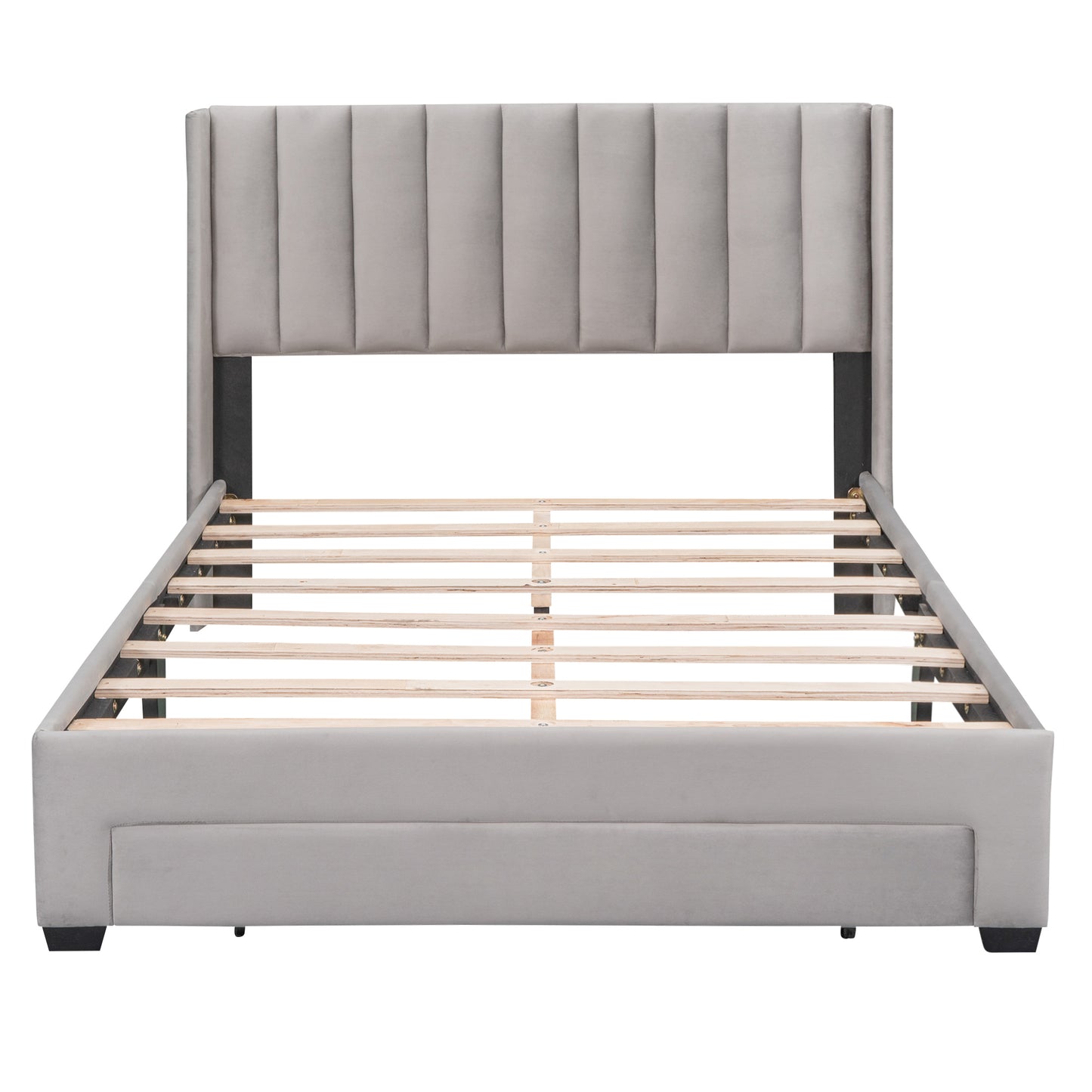 Full Size Storage Bed Velvet Upholstered Platform Bed with a Big Drawer - Gray