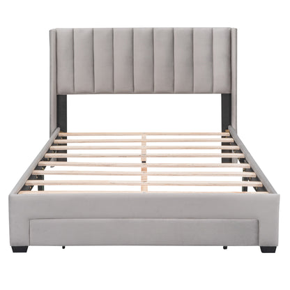 Full Size Storage Bed Velvet Upholstered Platform Bed with a Big Drawer - Gray