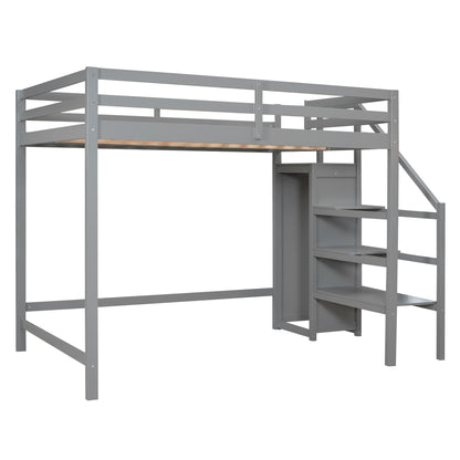 Full Size Loft Bed with Built-in Storage Wardrobe and Staircase,Gray