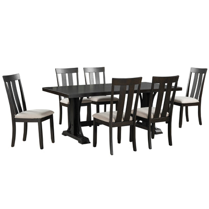 TREXM 7-Piece Retro Style Dining Table Set 78" Wood Rectangular Table and 6 Dining Chairs for Dining Room (Espresso)