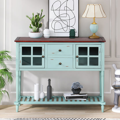 TREXM Sideboard Console Table with Bottom Shelf, Farmhouse Wood/Glass Buffet Storage Cabinet Living Room (Retro Blue)