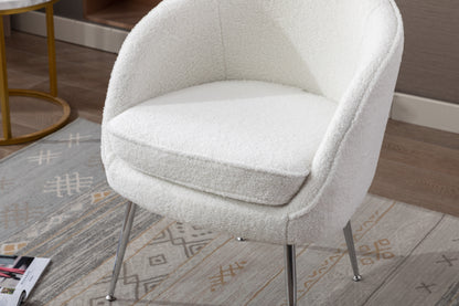 Soft Teddy Fabric Accent Armchair Dining Chair With Shining Electroplated Chrome Legs,Ivory White