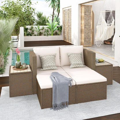 TOPMAX Outdoor 6-Piece Garden Furniture Set, PE Wicker Rattan Sectional Sofa Set with 2 Tea Tables, Brown Wicker+Beige Cushion