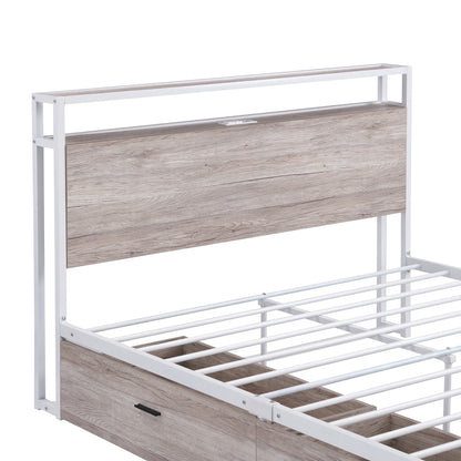 Full Size Metal Platform Bed Frame with  Two Drawers,Sockets and USB Ports ,Slat Support No Box Spring Needed White