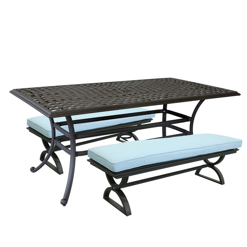 3 Piece Patio Aluminum Dining Set, Rectangle Table with 2 Cushioned Benches, Blue