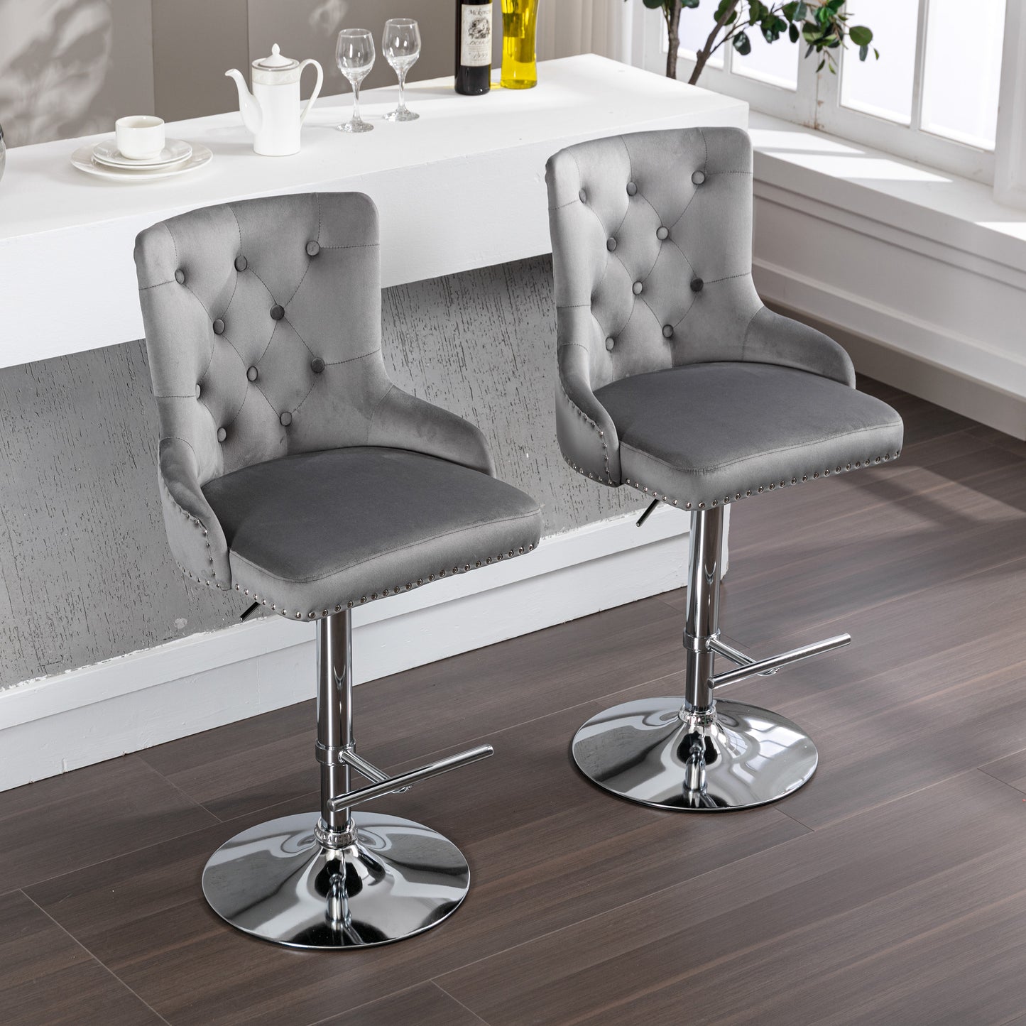 Swivel Velvet Barstools Adjusatble Seat Height , Modern Upholstered Bar Stools with Backs Comfortable Tufted for Home Pub and Kitchen Island（Gray,Set of 2）