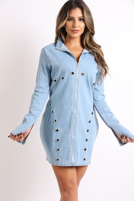 Knit denim grommet trimmed dress