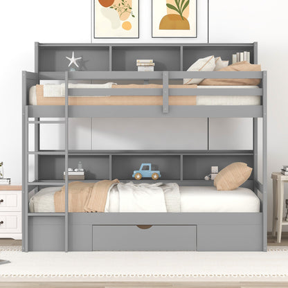 Twin Size Bunk Bed with Built-in Shelves Beside both Upper and Down Bed and Storage Drawer,Gray