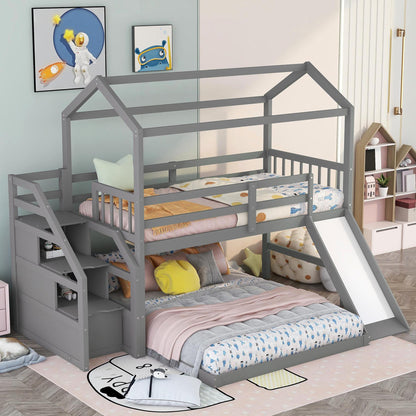 Twin over Full House Bunk Bed with Convertible Slide and Storage Staircase,Full-Length Guardrail,Gray