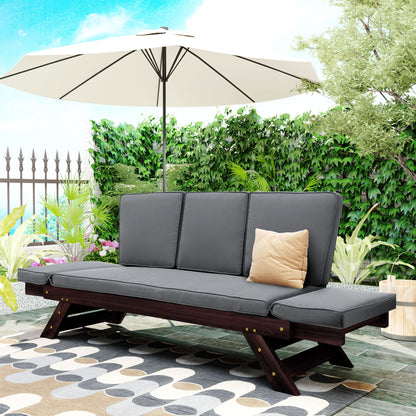 TOPMAX Outdoor Adjustable Patio Wooden Daybed Sofa Chaise Lounge with Cushions for Small Places, Brown Finish+Gray Cushion