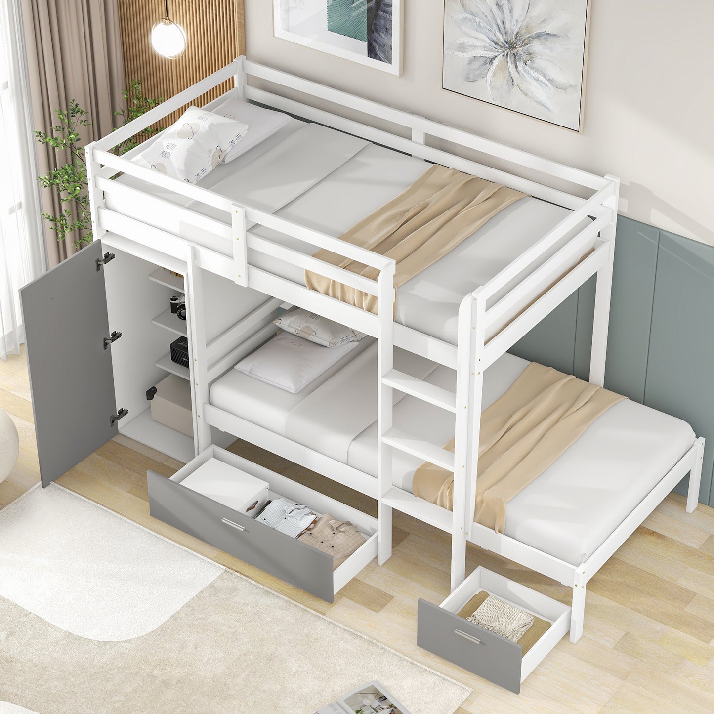 Twin over Twin Bunk Bed with Built-in Storage Wardrobe and Two Drawers, White