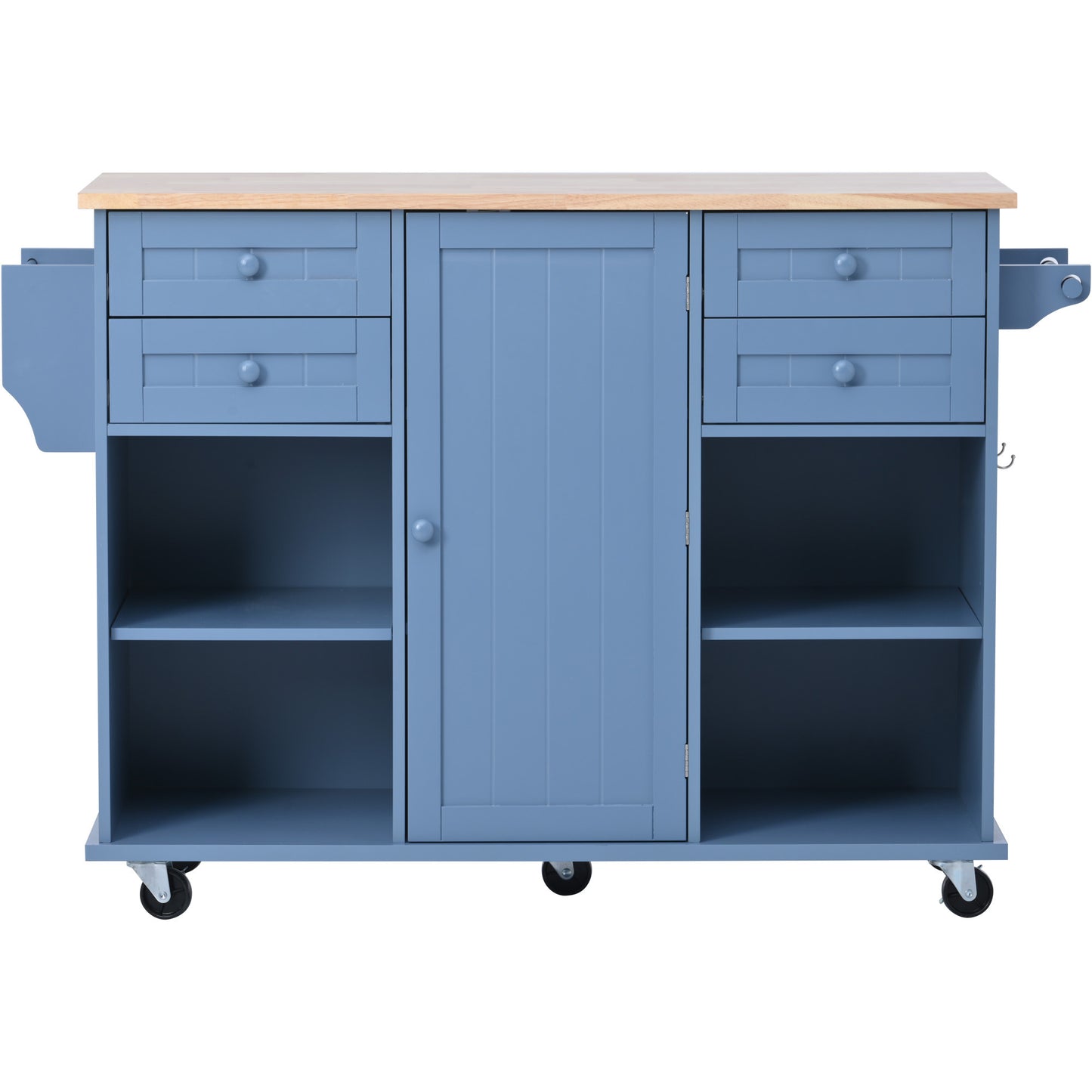 K&K kitchen island cart with Spice Rack, Towel Rack & Drawer,Rubber wood desktop,5 wheels including 4 lockable wheels,52.8inch width (Blue)