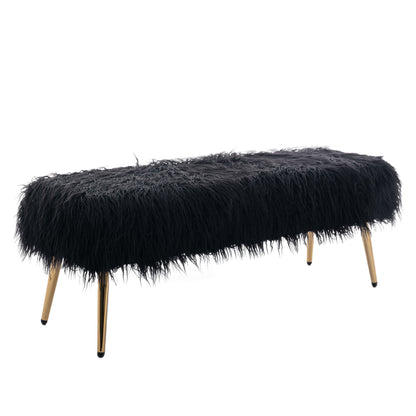 HengMing Faux Fur Plush Ottoman Bench, Modern Fluffy Upholstered Bench for Entryway Dining Room Living Room Bedroom, Black