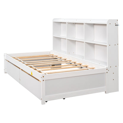 Twin Bed with Side Bookcase, Drawers,White