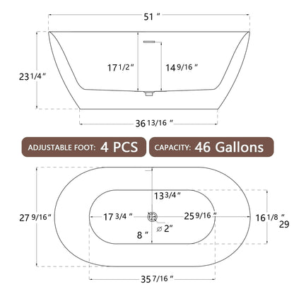 51" Acrylic Free Standing Tub - Classic Oval Shape Soaking Tub, Adjustable Freestanding Bathtub with Integrated Slotted Overflow and Chrome Pop-up Drain Anti-clogging Gloss White