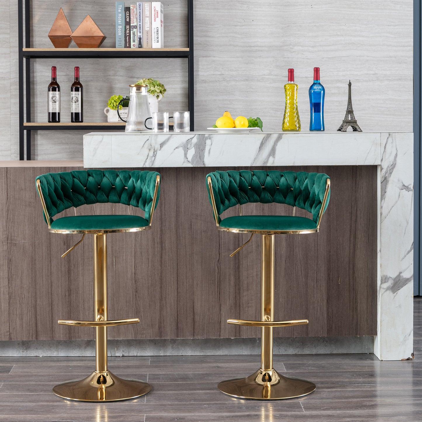 Set of 2  Bar Stools,with Chrome Footrest and Base Swivel Height Adjustable Mechanical Lifting Velvet + Golden Leg Simple Bar Stool-Green