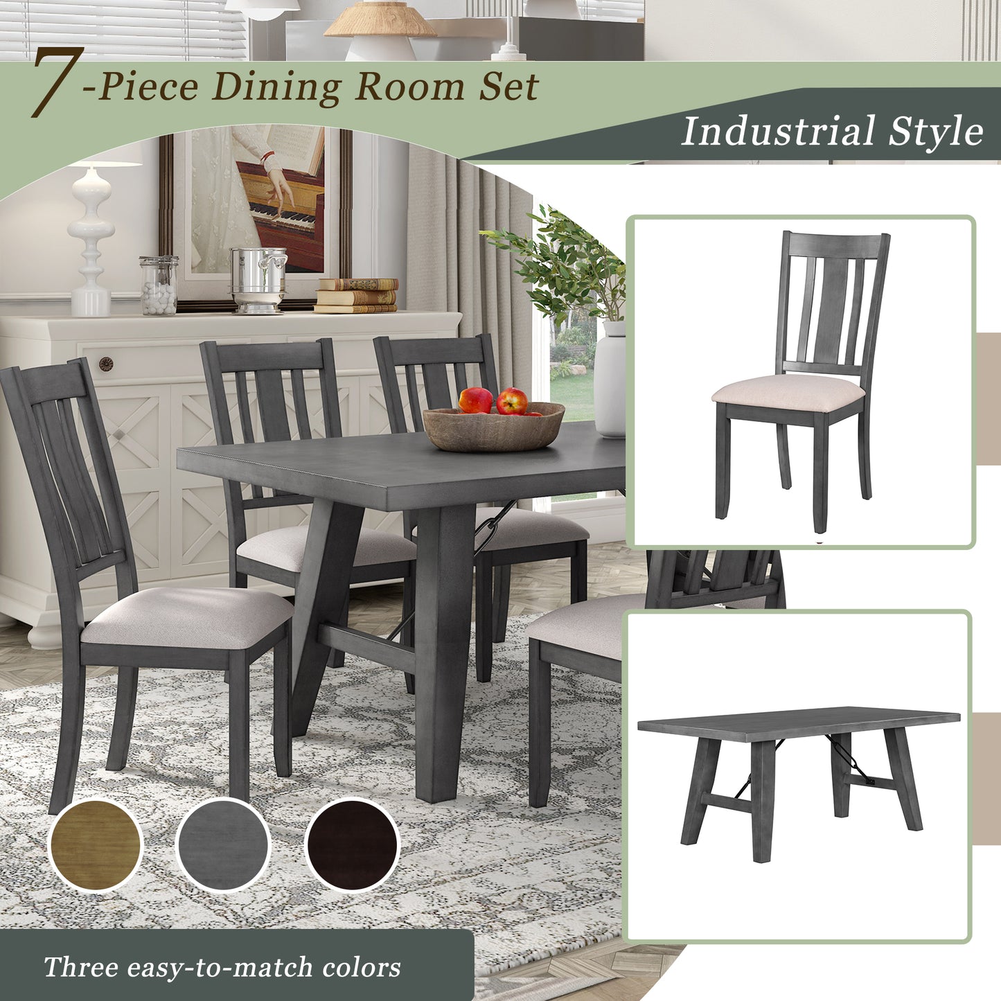 TREXM 7-Piece Dining Room Set - 72" Industrial Style Rectangular Table with Chain Bracket and 6 Dining Chairs (Gray)