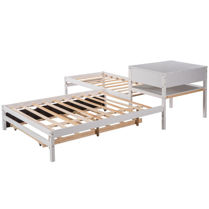 L-Shaped Full Size and Twin Size Platform Beds with Twin Size Trundle and Drawer Linked with Built-in Rectangle Table,White