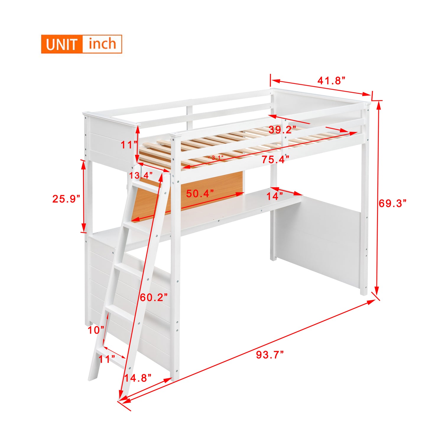 Twin size Loft Bed with Desk and Writing Board, Wooden Loft Bed with Desk - White