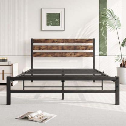 Full Size Platform Bed Frame with Rustic Vintage Wood Headboard, Strong Metal Slats Support Mattress Foundation, No Box Spring Needed Rustic Brown