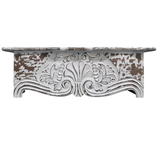 28 Inch Handcrafted Floating Wall Shelf, Ornate Carved Wood With Engraved Floral Details, Distressed White