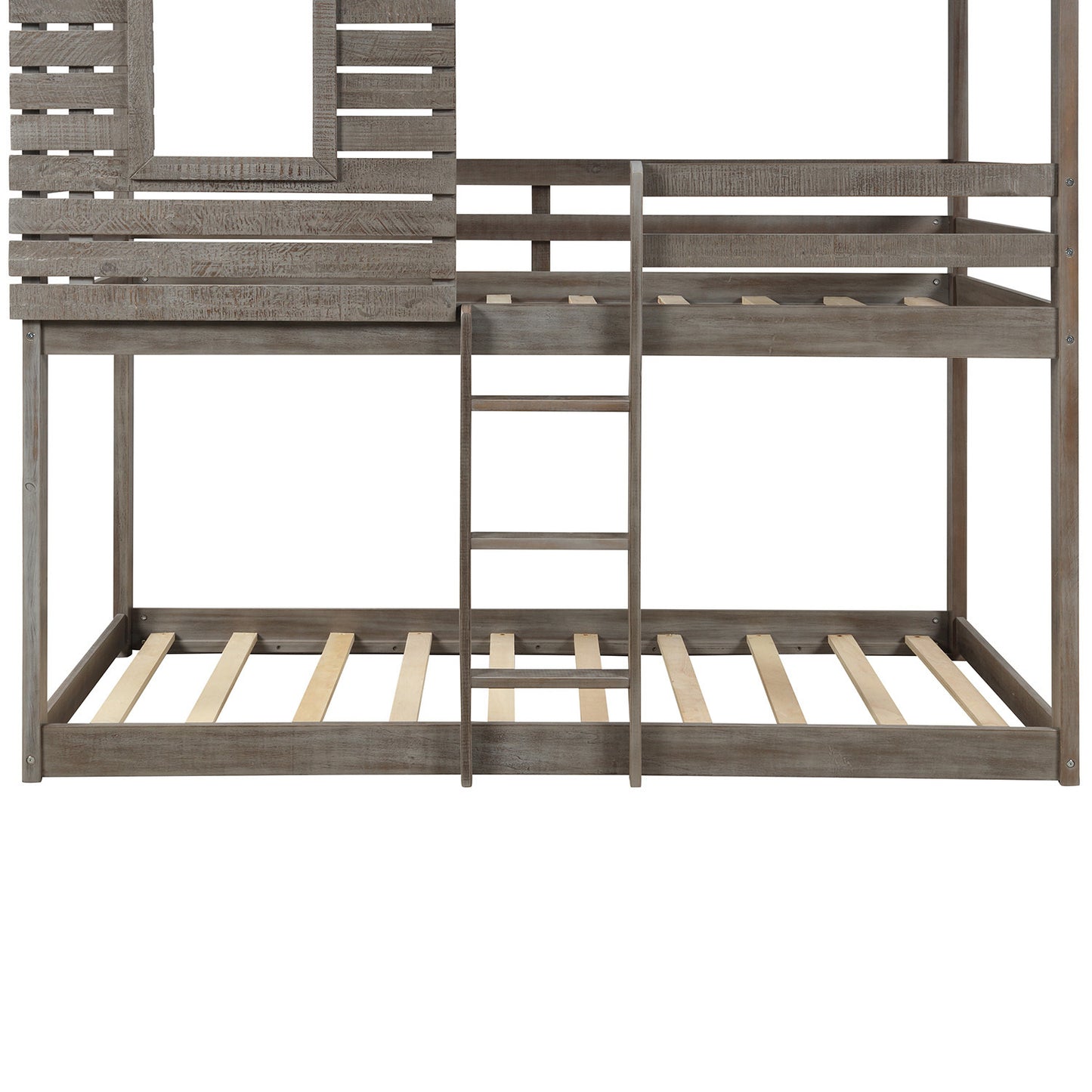 Twin Over Twin Bunk Bed Wood Loft Bed with Roof, Window, Guardrail, Ladder  ( Antique Gray )