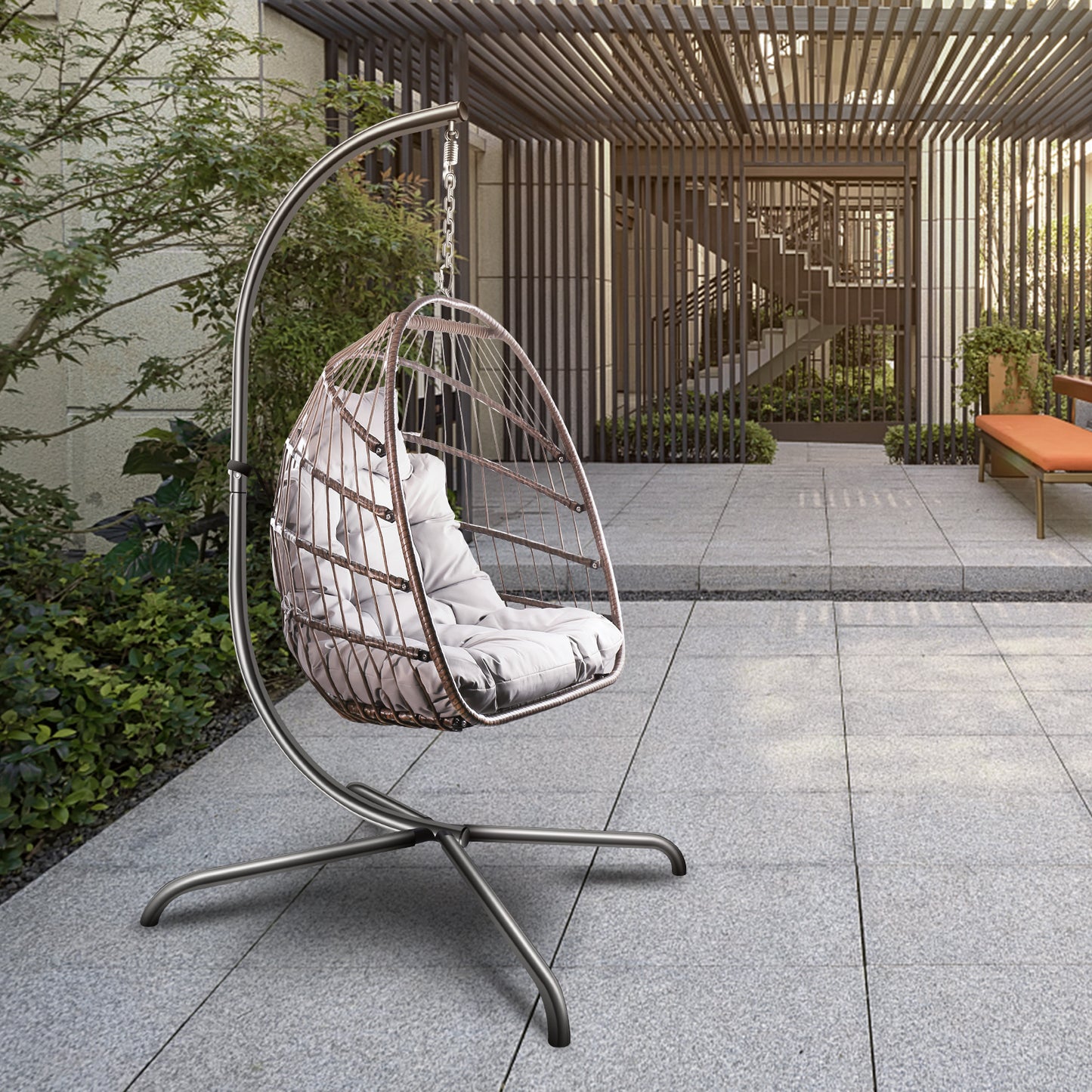 Swing Egg Chair with Stand Indoor Outdoor Wicker Rattan Patio Basket Hanging Chair with C Type bracket , with cushion and pillow,Patio Wicker folding Hanging Chair