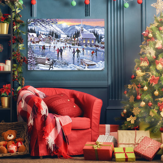 Framed Canvas Wall Art Decor Painting For Chrismas, Cosy Skateing on River scene Chrismas Gift Painting For Chrismas Gift, Decoration For Chrismas Eve Office Living Room, Bedroom Decor-Ready To Hang