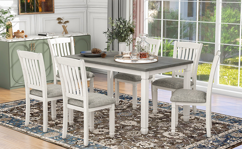 TREXM 7-Piece Dining Table Set Wood Dining Table and 6 Upholstered Chairs with Shaped Legs for Dining Room/Living Room Furniture (Gray+White)