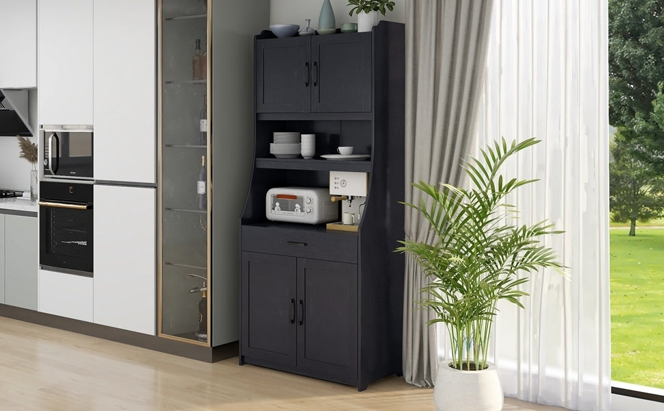 TREXM One-body Style Pantry Cabinet Kitchen Living Room Dining Room Storage Buffet with Doors, Adjustable Shelves (Black)