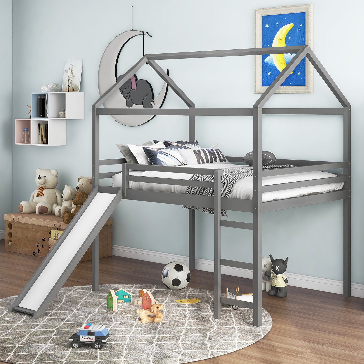 Full Size Loft Bed with Slide, House Bed with Slide,Gray(OLD SKU :WF281161AAE)