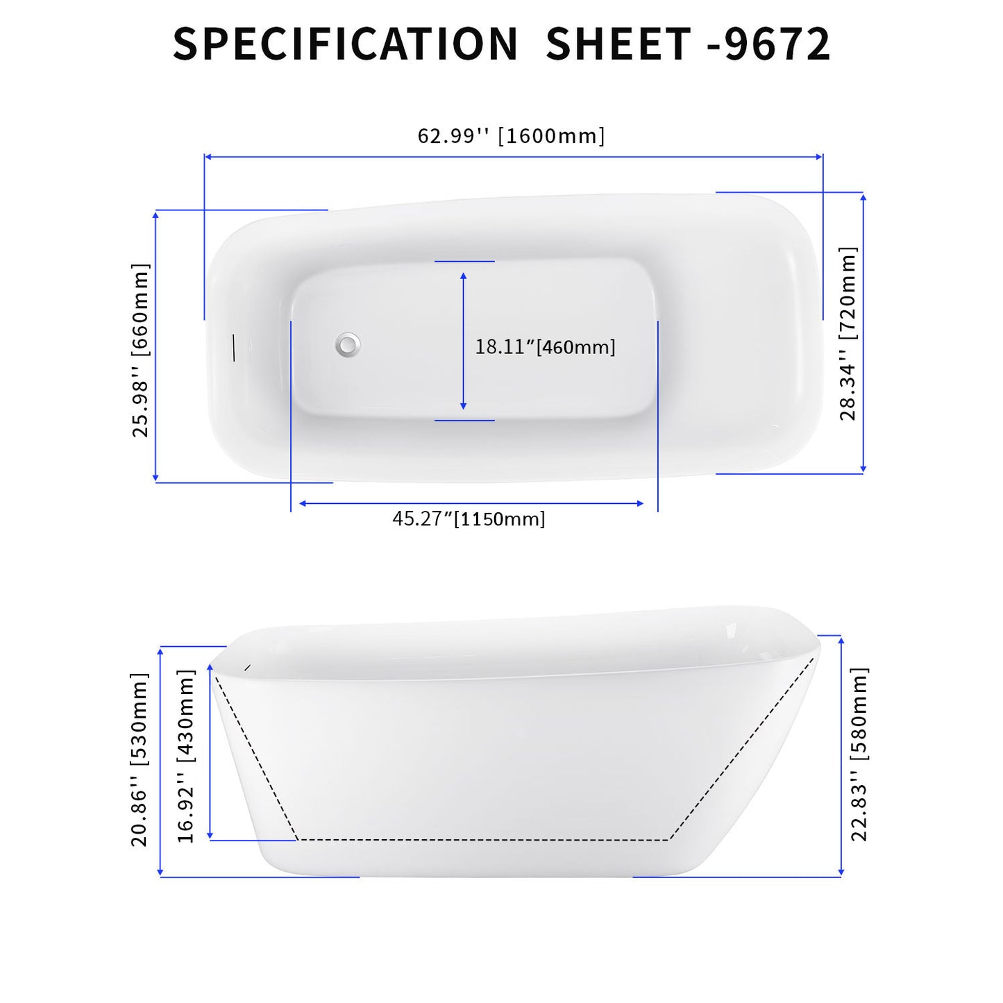 63" 100% Acrylic Freestanding Bathtub，Contemporary Soaking Tub，white Bathtub