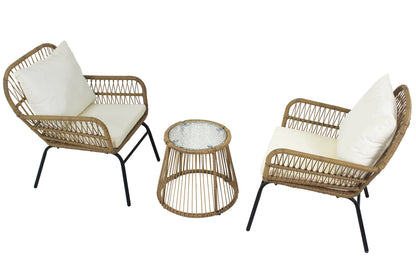 3PCS Outdoor Patio Balcony Natural Color Wicker Chair Set with Beige Cushion and Round Tempered Glass Table