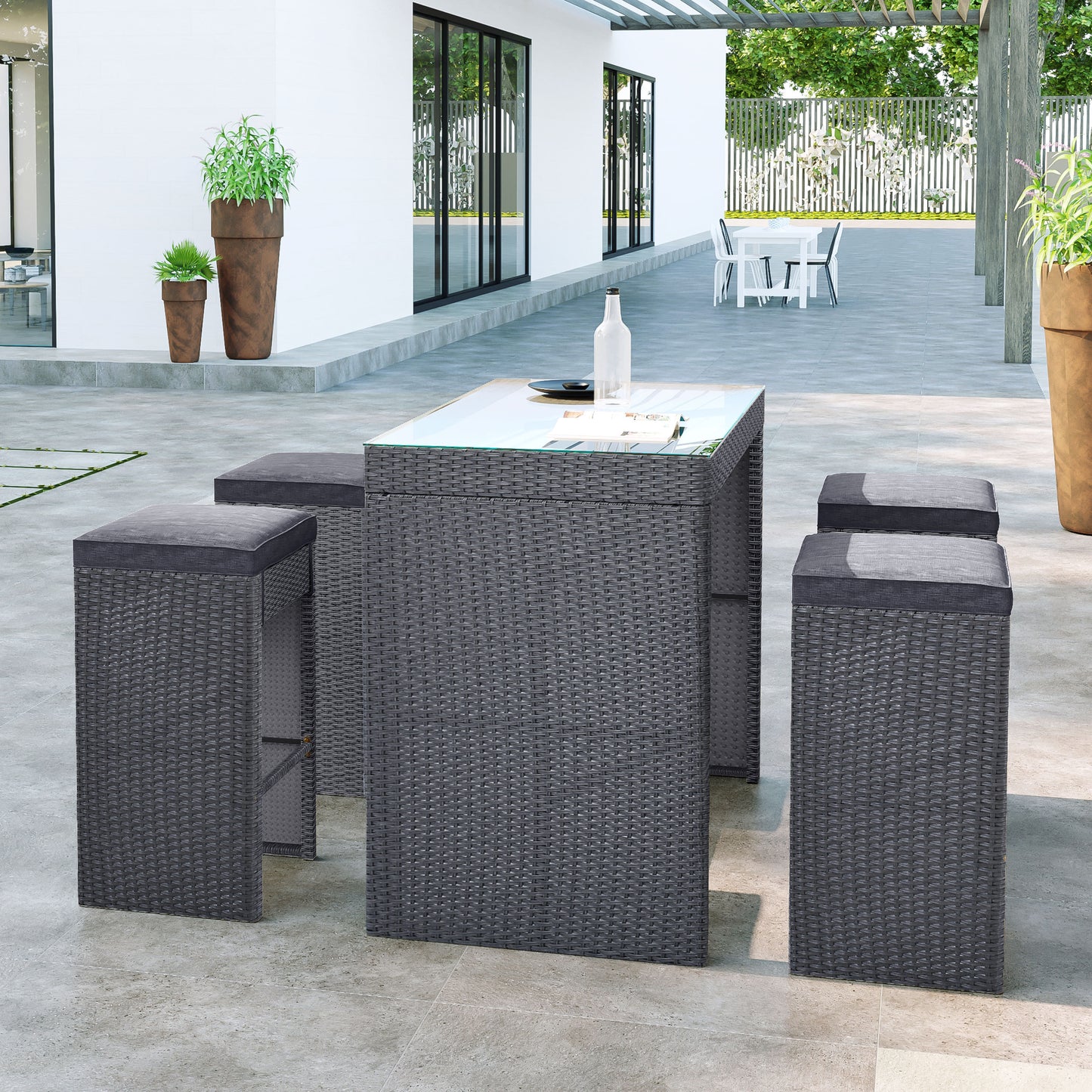 Topmax 5-piece Rattan Outdoor Patio Furniture Set Bar Dining Table Set with 4 Stools, Gray Cushion+Gray Wicker