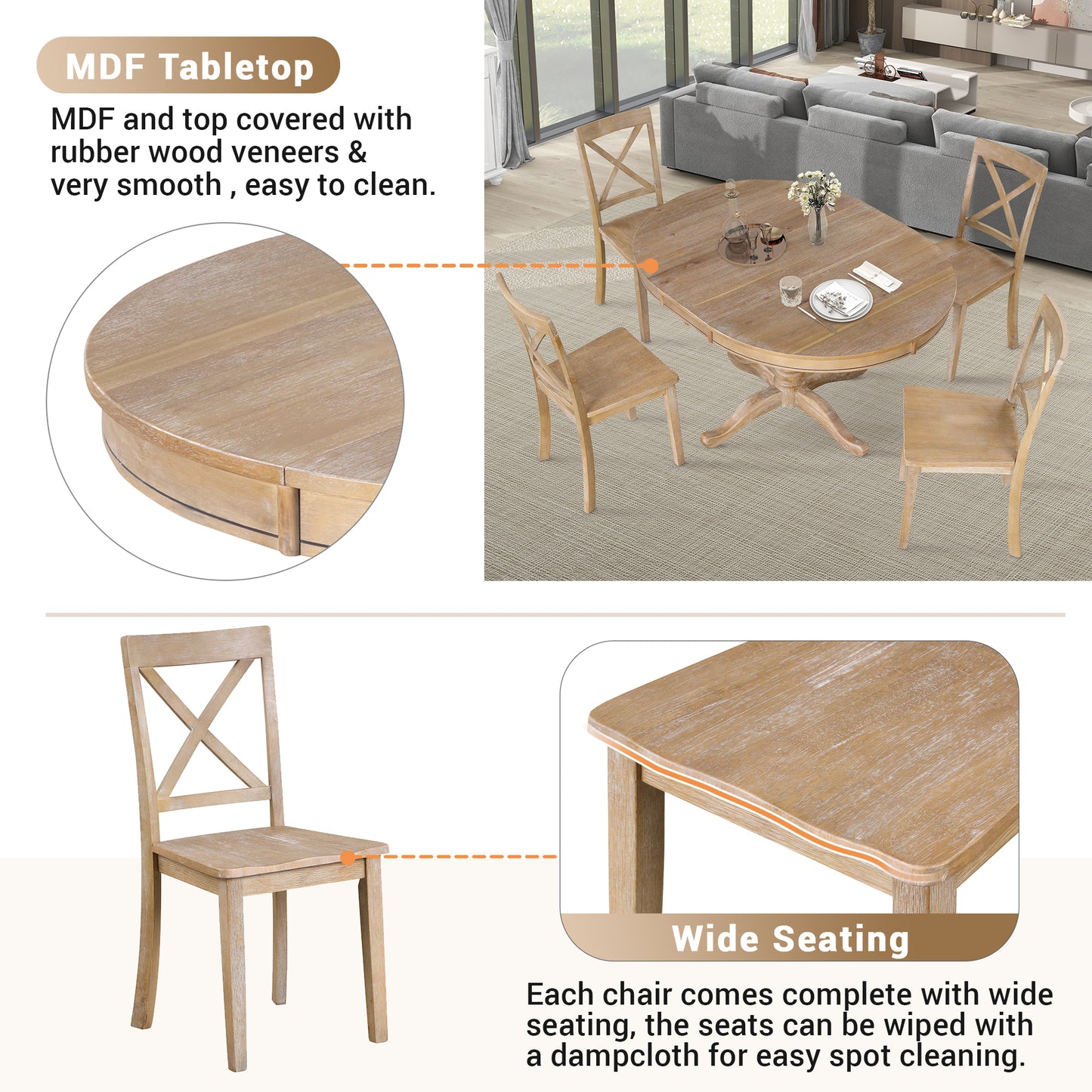 Modern Dining Table Set for 4,Round Table and 4 Kitchen Room Chairs,5 Piece Kitchen Table Set for Dining Room,Dinette,Breakfast Nook,Natural Wood Wash