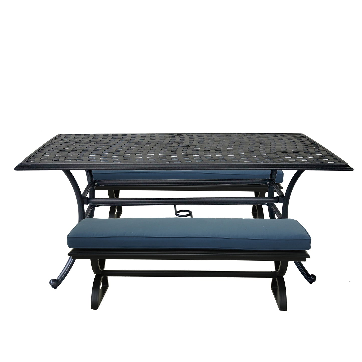 3 Piece Patio Aluminum Dining Set, Rectangle Table with 2 Cushioned Benches, Sapphire Blue