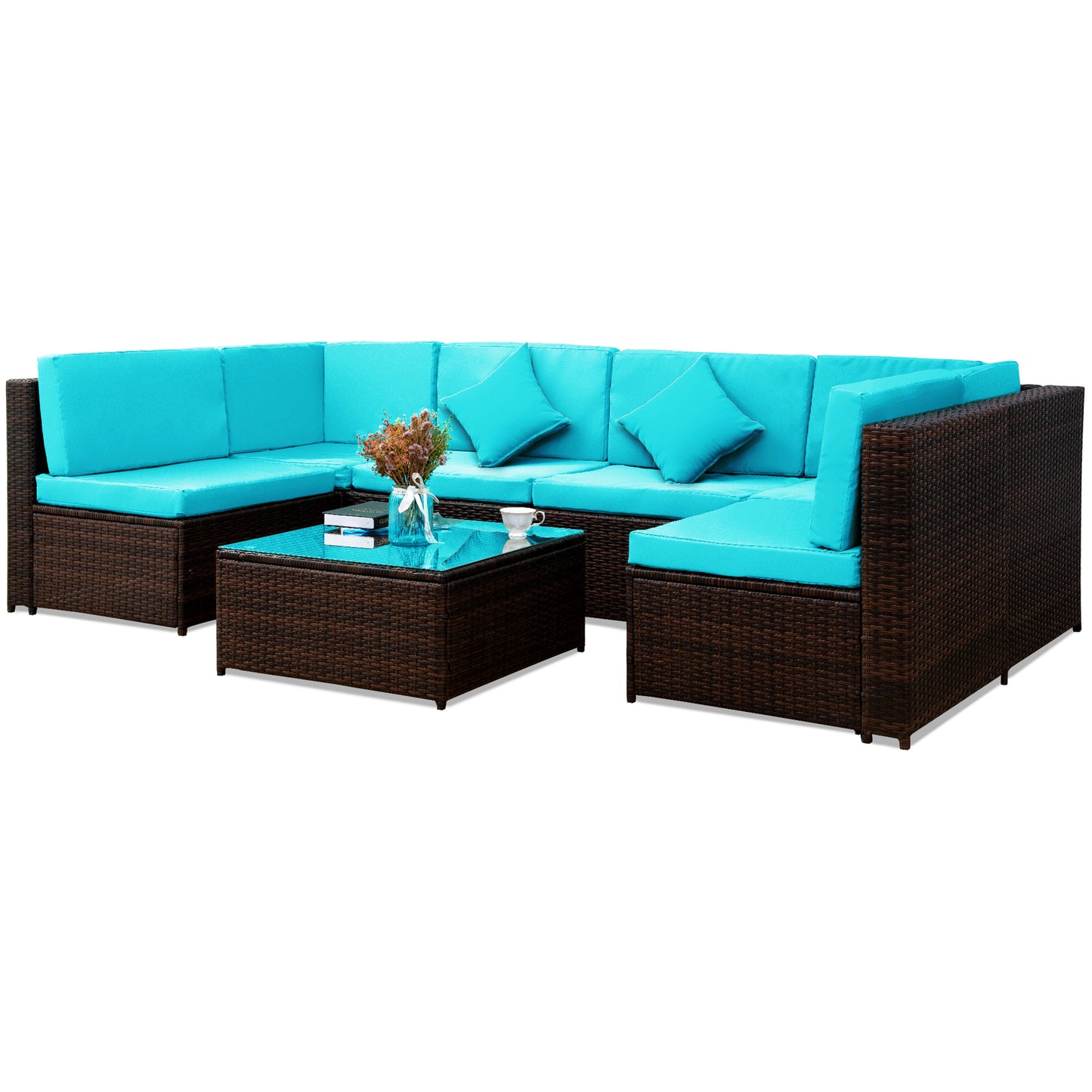 TOPMAX Patio Furniture Set PE Rattan Sectional Garden Furniture Corner Sofa Set (7 Pieces, Blue)