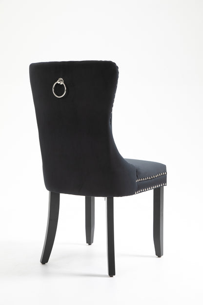 Upholstered Button Tufted Back Black Velvet Dining Chair with Nailhead Trim and Solid Wood Legs 2 Sets