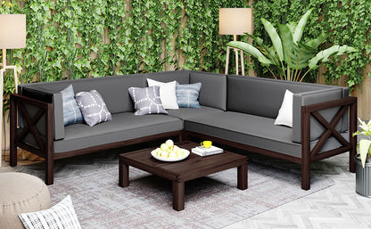 TOPMAX Outdoor Wood Patio Backyard 4-Piece Sectional Seating Group with Cushions and Table X-Back Sofa Set for Small Places, Brown Finish+Gray Cushions