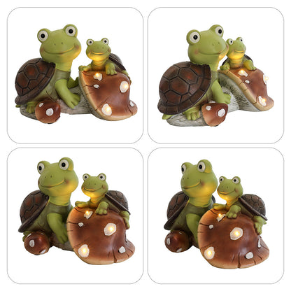 Garden Statue Cute Frog Face Turtles Figurines,Solar Powered Resin Animal Sculpture with 3 Led Lights for Patio,Lawn