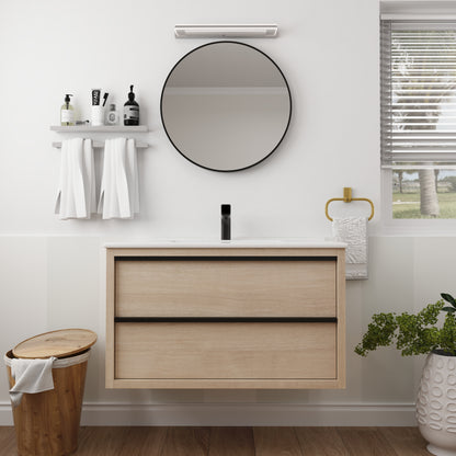 36" Floating Wall-Mounted Bathroom Vanity with  White Ceramic Rectangle Sink & 2 Soft Close Drawers