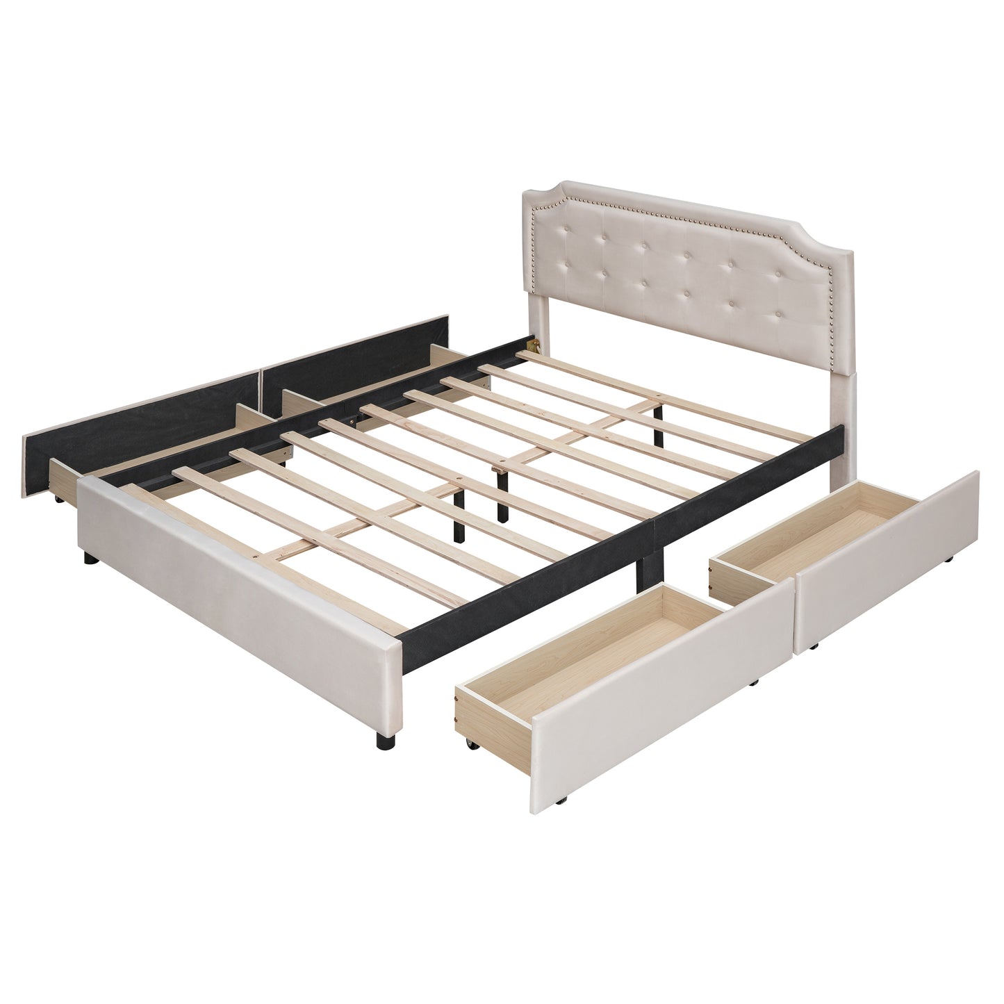 Upholstered Platform Bed with Classic Headboard and 4 Drawers, No Box Spring Needed, Velvet Fabric, Queen Size Beige