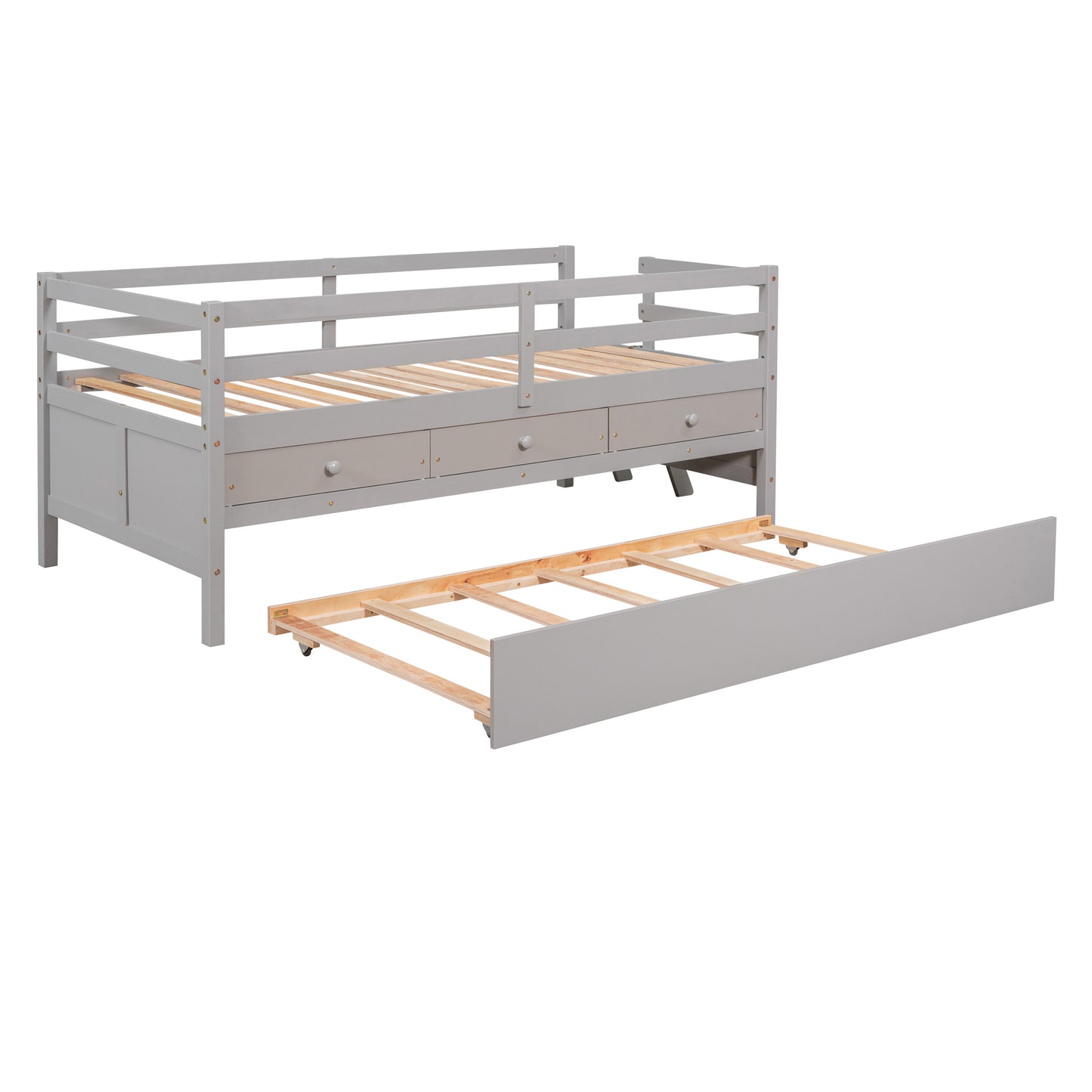 Low Loft Bed Twin Size with Full Safety Fence, Climbing ladder, Storage Drawers and Trundle Gray Solid Wood Bed