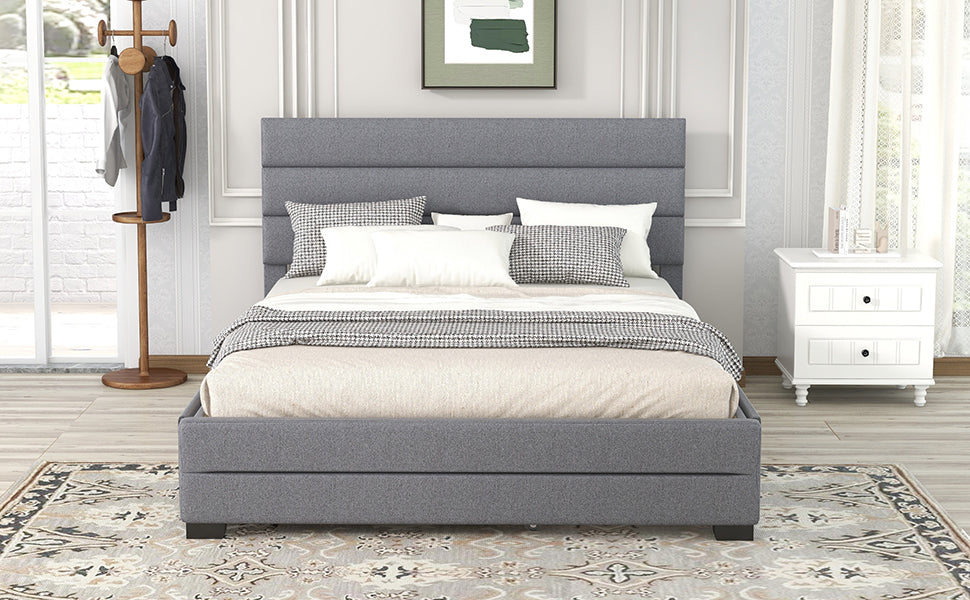 Queen Upholstered Platform Bed with Trundle and Two Drawers,Grey