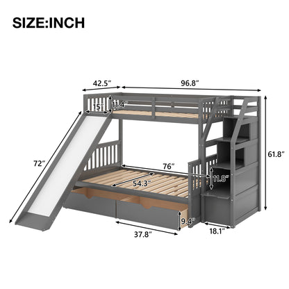 Twin over Full Bunk Bed with Drawers,Storage and Slide, Multifunction, Gray