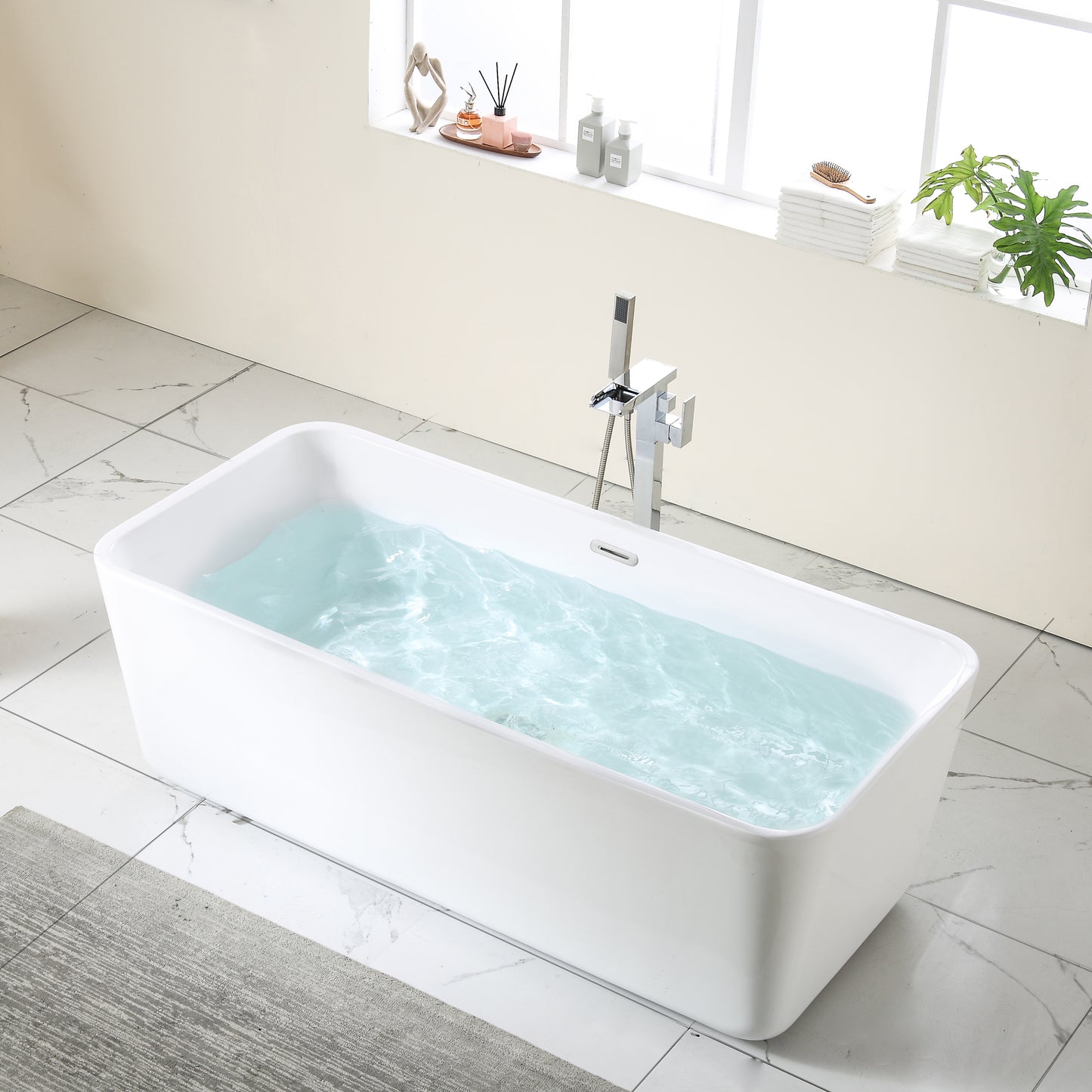 67"L x 31.5\'\'W Acrylic Art Freestanding Alone White Soaking Bathtub with Brushed Nickel Overflow and Drain