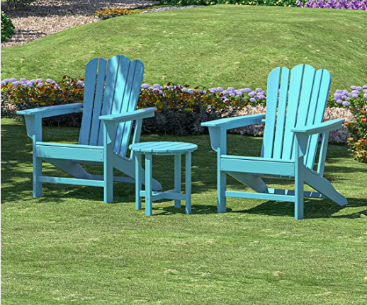 Combo for Family: 2 Plastic Adirondack Chairs & an Outdoor Side Table.  Outdoor Adirondack Chair Patio Lounge Chairs Classic Design (Blue)